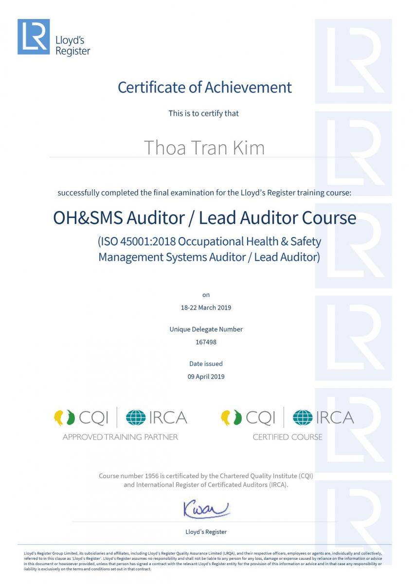 chứng nhận OHS&SMS Auditor - Lead Auditor Course