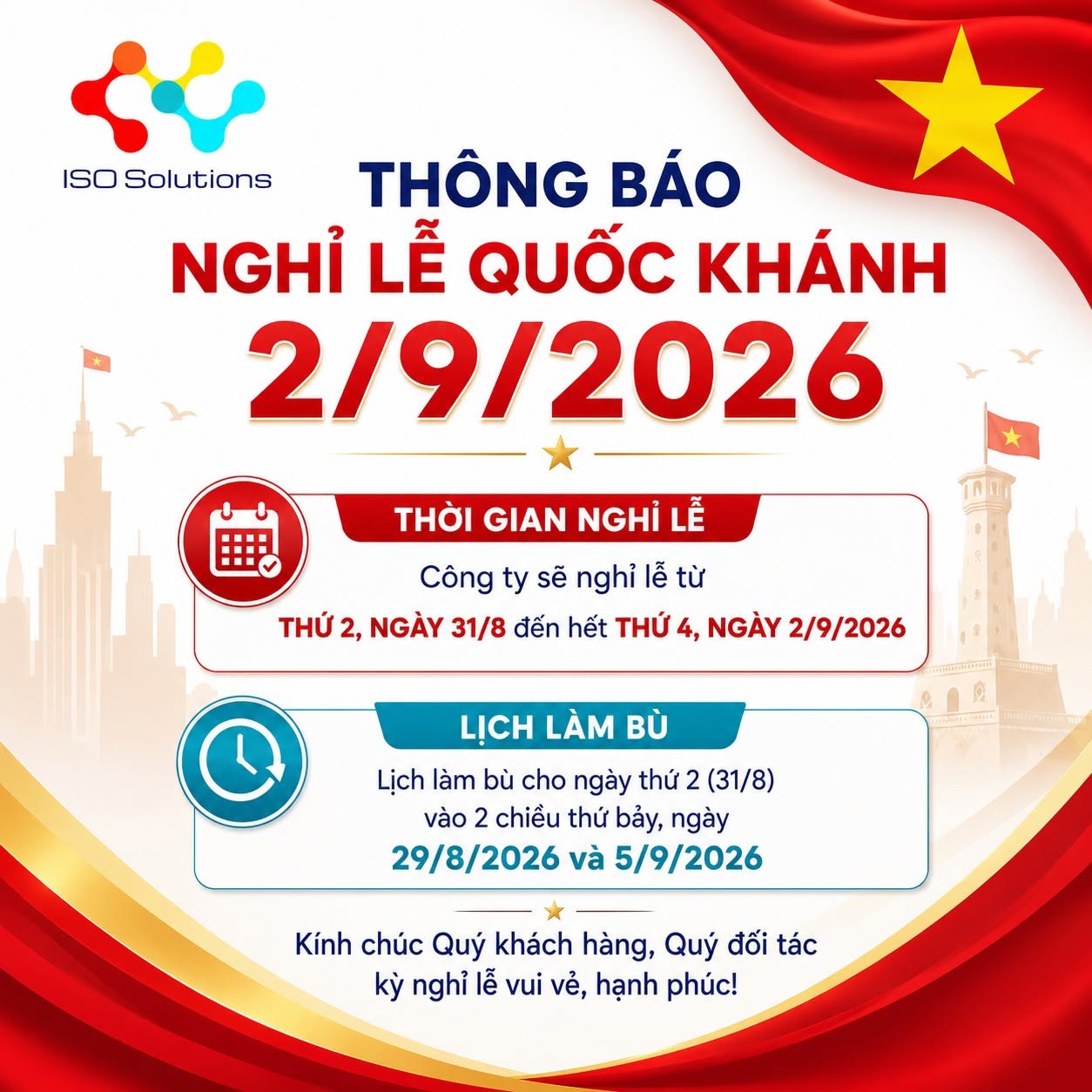 THÔNG BÁO NGHỈ LỄ QUỐC KHÁNH 2/9/2026